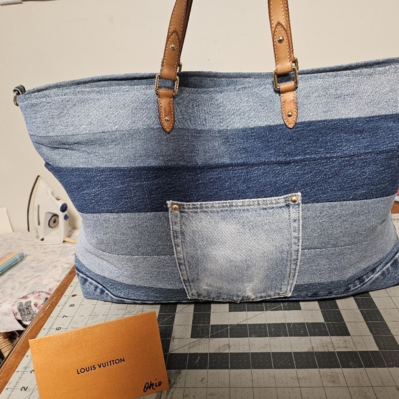 ❌️Sold❌️Repurposed Upcycled XL Denim Tote bag made with authentic LV straps etc. - Picture 3 of 15